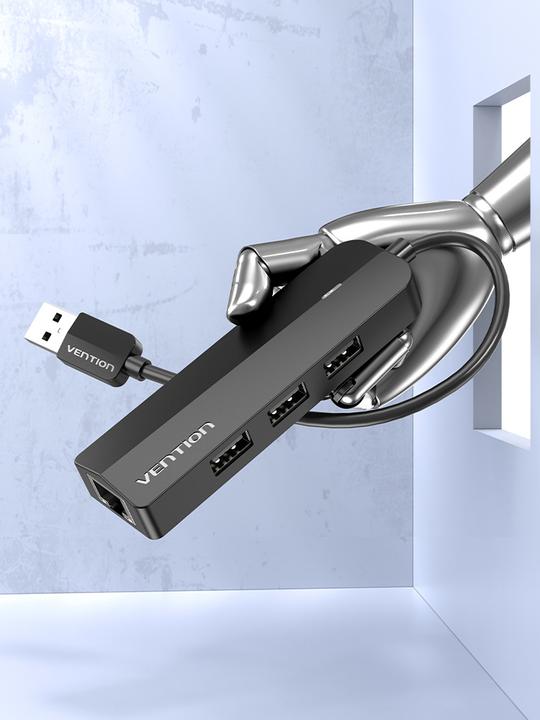 Actual product image Vention USB 2.0 3-Port Hub with Ethernet Adapter 100m CHPBB 0.15m, Black (4 Ports)