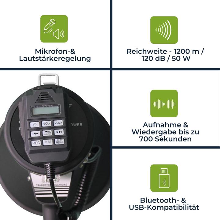 Produktbild Velleman Leistungsstarkes Megaphon mit 50 W, eingebauter Sirene, Aufnahmefunktion, Lautst?rkeregelung, Blueto (Megaphon)