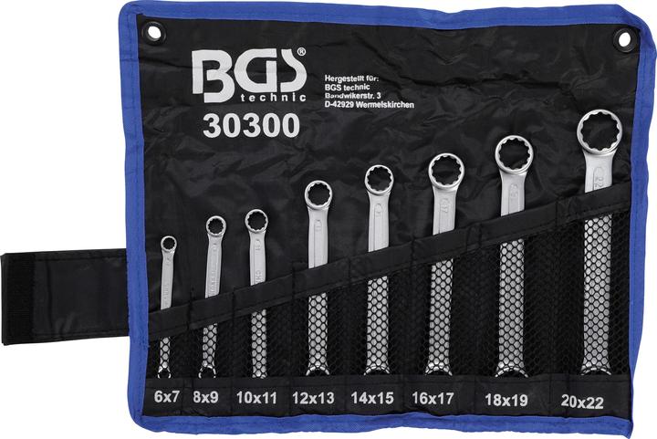 Immagine prodotto BGS Serie di chiavi a doppio anello extra piatte 6 - 22 mm 8 pz. (22 mm, 19 mm, 7 mm, 15 mm, 13 mm, 17 mm, 9 mm, 11 mm, 18 mm, 14 mm, 6 mm, 12 mm, 21 mm, 16 mm, 20 mm, 10 mm, 8 mm)