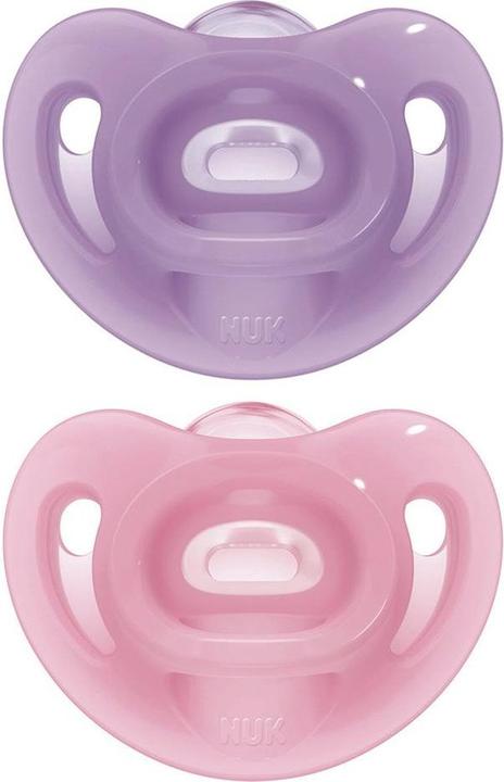 NUK Sensitive Schnuller 100% weiches Silikon, kiefergerechte Form, 6-18 Monate, 2 Stück, lila & r... (2 x, ab 6 Monaten)