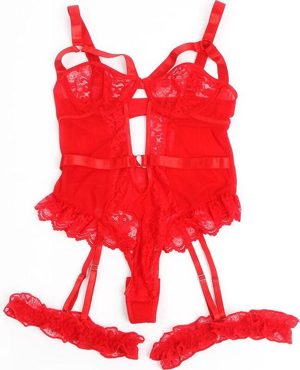 Produktbild Subblime Teddy Mit Strumpfband Mit Spitzendetail Und Streifen Rot S/M (S)