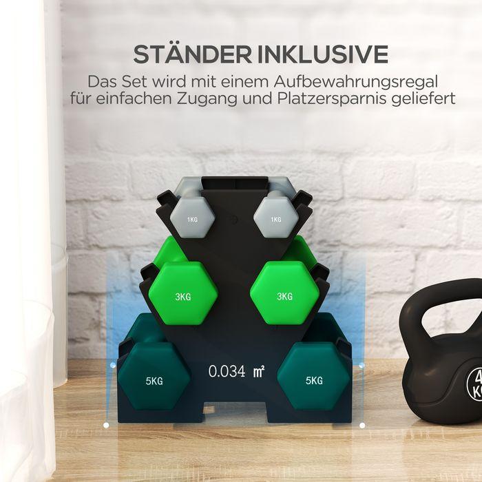 Actual product image Swisshandel24 Hanteln 6 Kurzhanteln mit Hantelständer, 2 x 1kg, 2 x 3kg, 2 x 5kg für Fitness (2 x 5 kg, 2 x 1 kg, 2 x 3 kg)