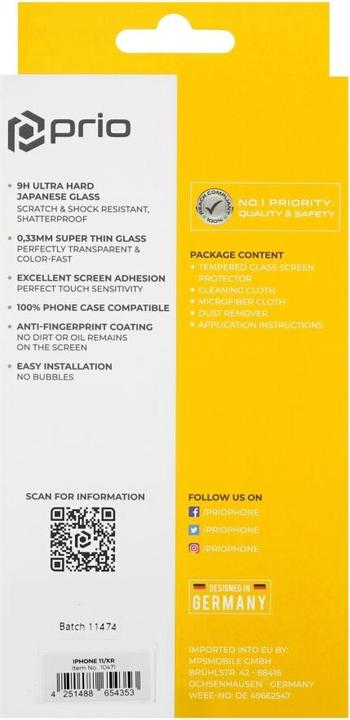 Productafbeelding prio Schermbeschermer glas voor iPhone 11/XR transparant (1 Stuk, Apple iPhone XR, Apple iPhone 11)