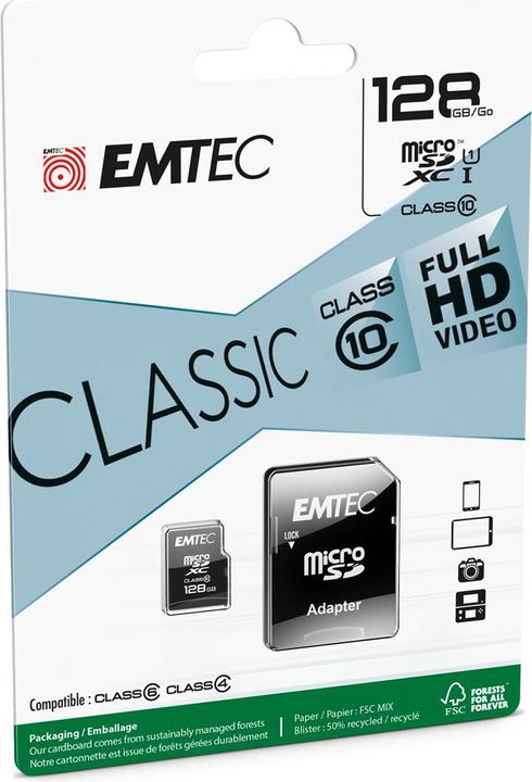 Image du produit Emtec mSD 128GB Class10 Classic (128 Go, microSDXC, U3)