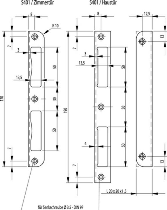 Productafbeelding BKS Schuine slagplaat S401 staal zilver HT schuin W20xL190mm schuine diepte 20 mm DIN links / rechts (Deurgreep)