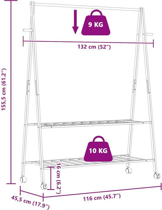 Immagine prodotto VidaXL Appendiabiti con ripiani e rotelle 132x45,5x155,5 cm in bambù