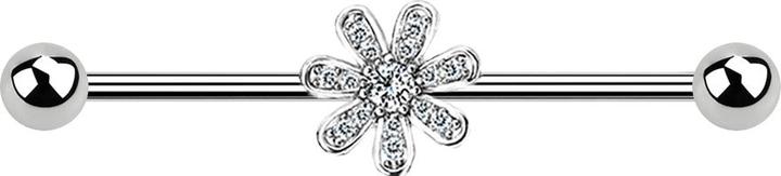 Star Piercing Barbell silber mit Blume und Kristalle (Chirurgenstahl 316L, Messing)