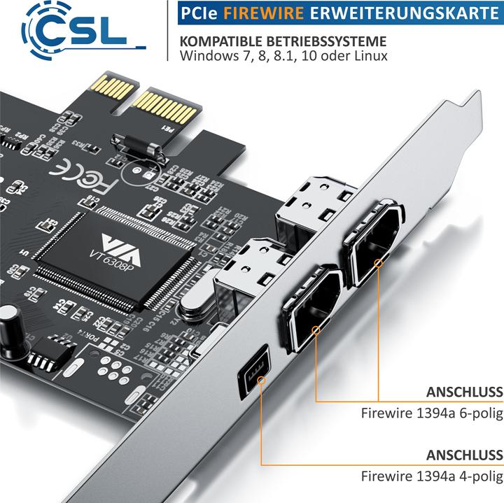 Image du produit CSL Carte PCI Firewire, carte d'extension, adaptateur réseau, carte contrôleur 1394a 1394b, 3x ports