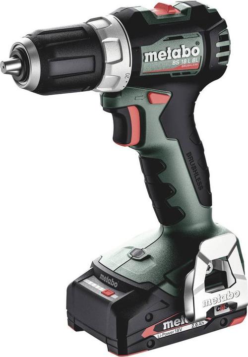 BS 18 L BL cordless drill driver, quick-release drill chuck belt hook and bit depot 2 LiPOWER battery packs (18 V/2.0 Ah) SC 30 metaBOX 145 charger, instructions