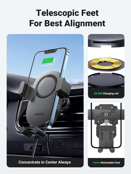 Immagine prodotto Ugreen Supporto per auto per griglia di ventilazione con ricarica induttiva CD256 (argento)