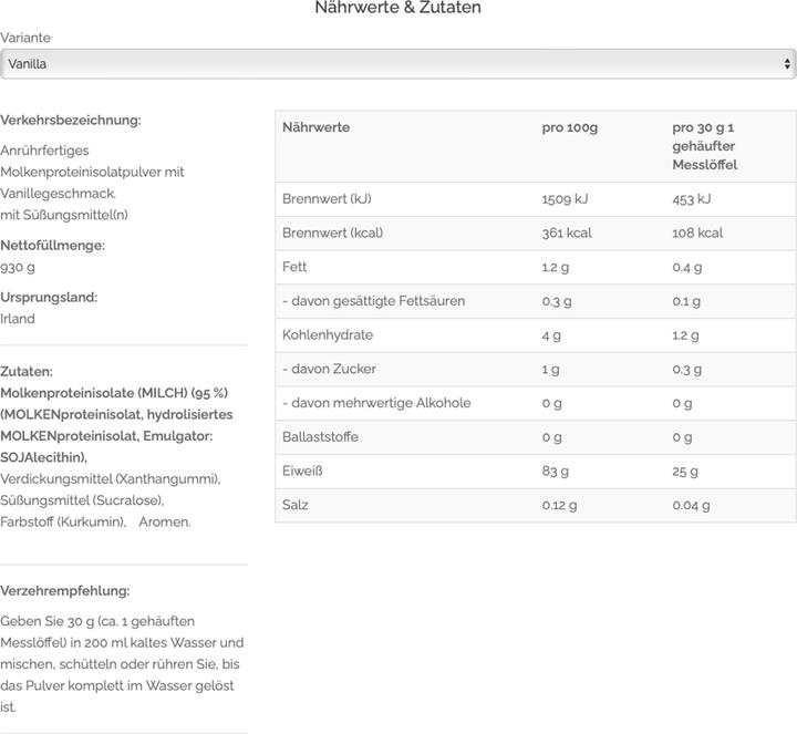 Nährwerte und Zutaten Optimum Nutrition Gold Standard Isolate (Vanille, 1 Stk., 930 g)