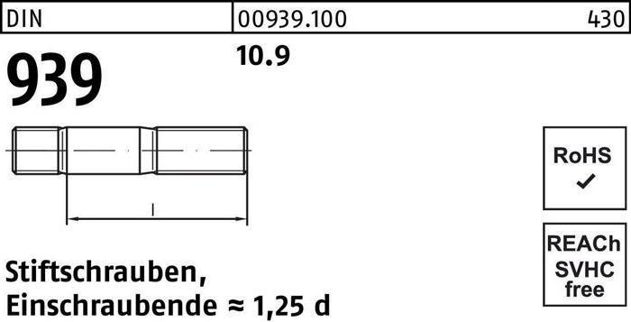 Produktbild Stiftschraube DIN 939 M 20 x 80 10.9 Einschraubende=1,25d (10 Schrauben pro Stück)