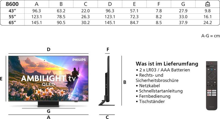 Image du produit Philips 43PUS8600/12 (43", PUS8600, QLED, 4K, 2025)