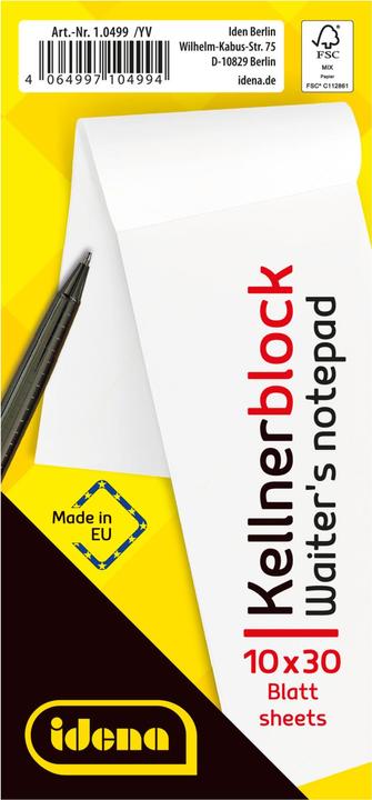 Produktbild Idena Kellnerblock 10er 7x15cm blanko FSC-Mix (Blanko)