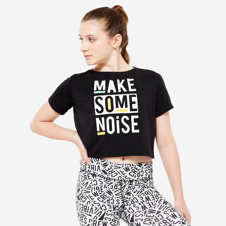 Domyos T-Shirt Crop Top Modern Jazz Dance Mädchen fliessend - schwarz mit Print (14, 15, 16)