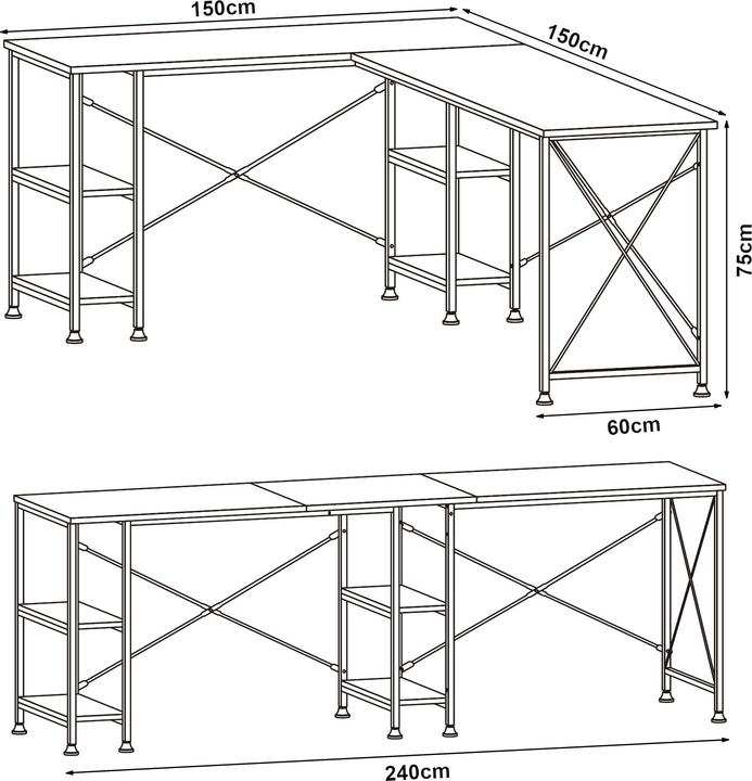 Produktbild En.Casa Schreibtisch Klirurud mit 2 Regalen L-förmig 150x150x75 cm Eicheoptik (150 x 150 x 75 cm)