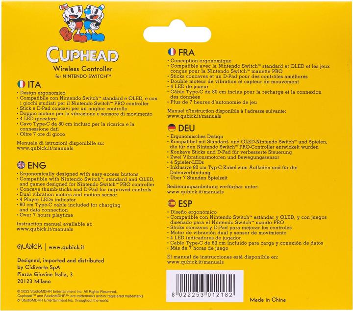 Image du produit Qubick Manette de jeu sans fil Cuphead pour Nintendo Switch (Switch OLED, Switch Lite, Switch)