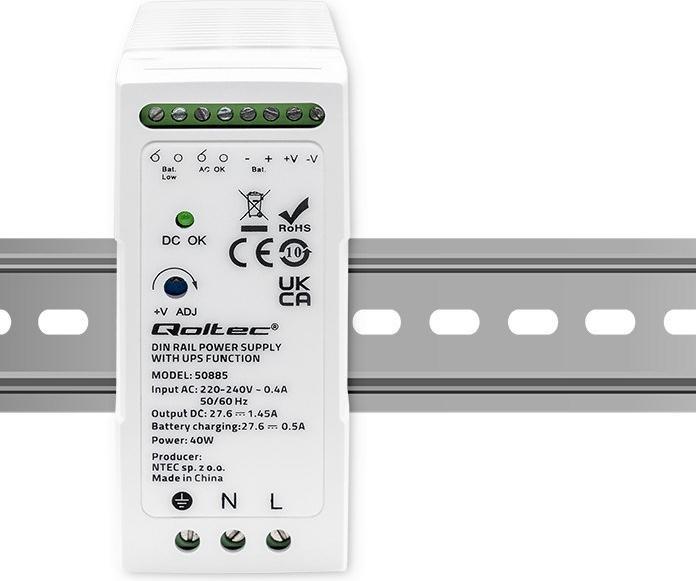 Actual product image Qoltec 50885 Stable DIN rail power supply unit with UPS function | 40W