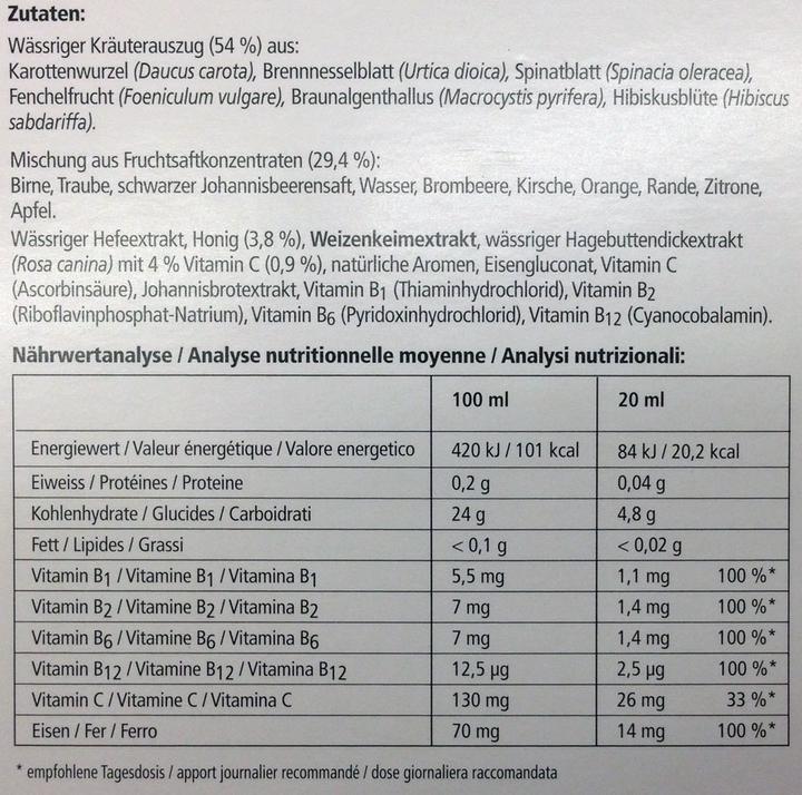 Nutritional values and ingredients Floradix Iron (1 Piece, Liquid, 600 g)