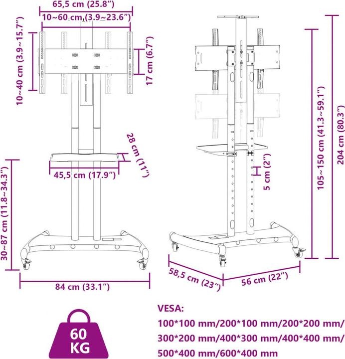 Valori nutrizionali e ingredienti VidaXL Porta TV su rotelle (Vari, 70", 60 kg)