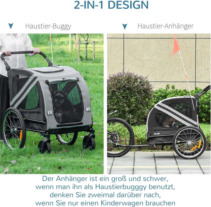 Produktbild PawHut 2-in-1 Hundewagen und Anhänger mit Luftpumpe und roter Fahne