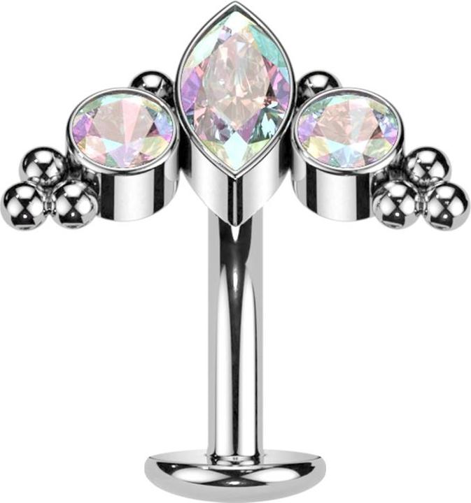 Star Piercing Threadless Labret-Stab Banane silber Ovaler Kristall multicolor und zwei Kristalle multicolor (Titan G23)