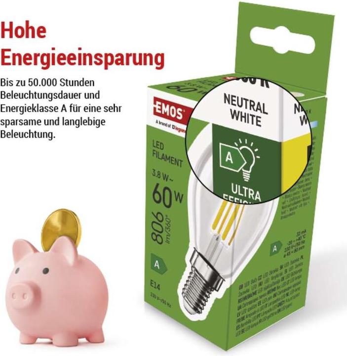 Actual product image Emos LED lamp Filament Mini Globe A CLASS / E14 / 3.8 W (60 W) / 806 lm / Neutral White (E14, 3.80 W, 806 lm, 1 x, A)