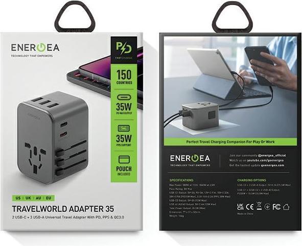 Actual product image Energea ład. siec. 3xUSB+2xUSB-C PD-PPS-QC 3.0 35.5W 3A2C adapter 4w1 US/UA/EU/UK szary/gunmetal Tra (35.50 W)