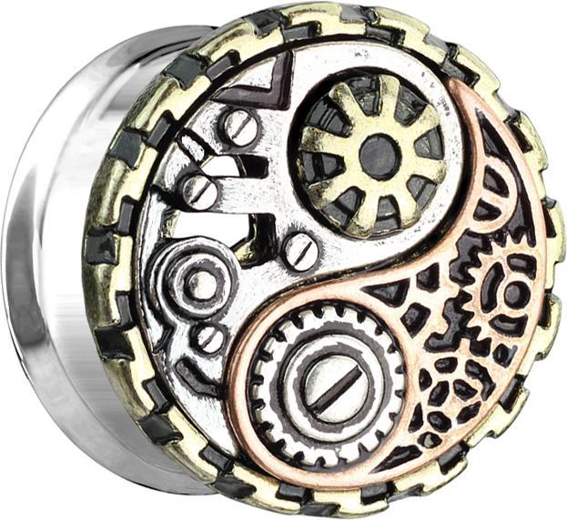 Star Piercing Flared Tunnel silber Steampunk Yin und Yang (Messing, Chirurgenstahl 316L)