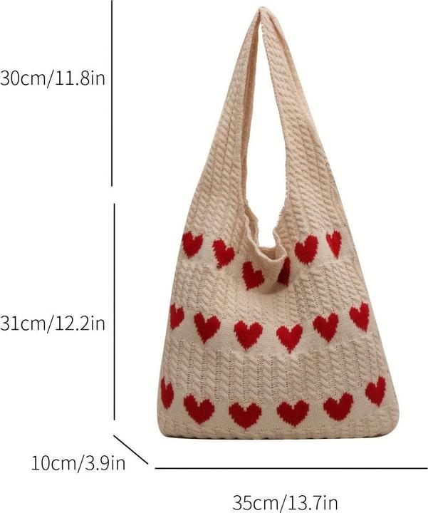 Only-Bags.Store Minimalistische Hobo-Tasche mit Liebesmuster, gestrickte Einkaufstasche, leichte Urlaubstasche