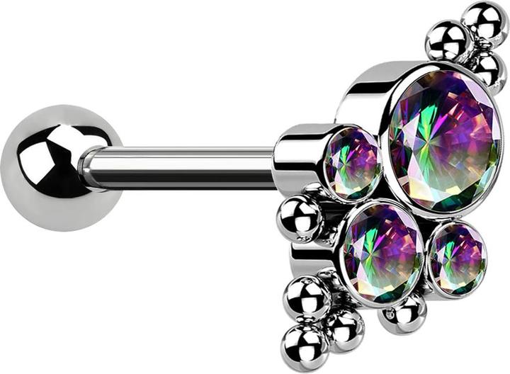 Produktbild Star Piercing Micro Barbell Innengewinde silber mit Kugel und Kugeln vier Kristalle dunkel multicolor (Titan G23, ohne Messing)