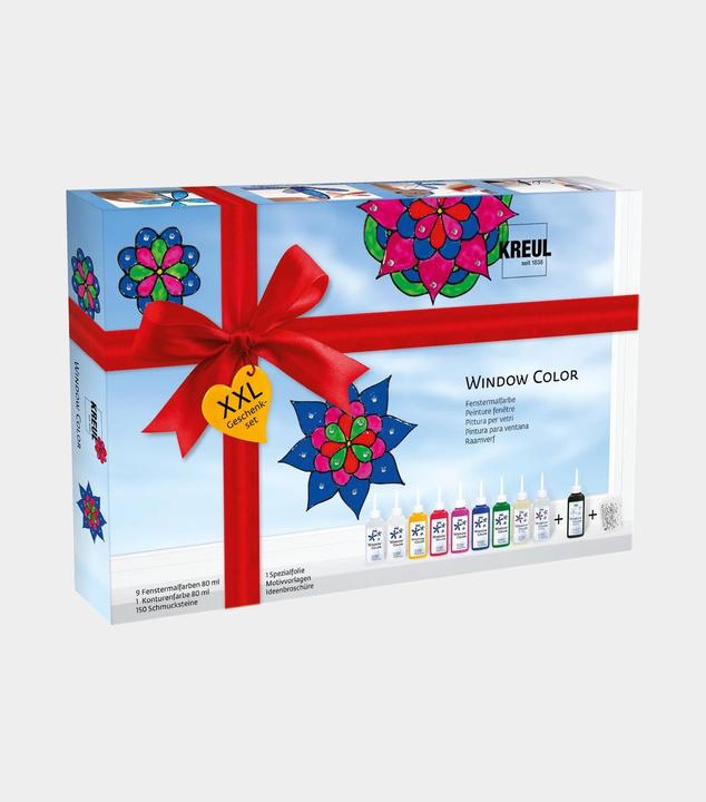 Actual product image Kreul Window Color XXL (Royal blue, Ruby Red, Snow-white, Fawn, Golden yellow, Pink, Glitter gold, Black, Mairün, Glitter Silver, 800 ml)