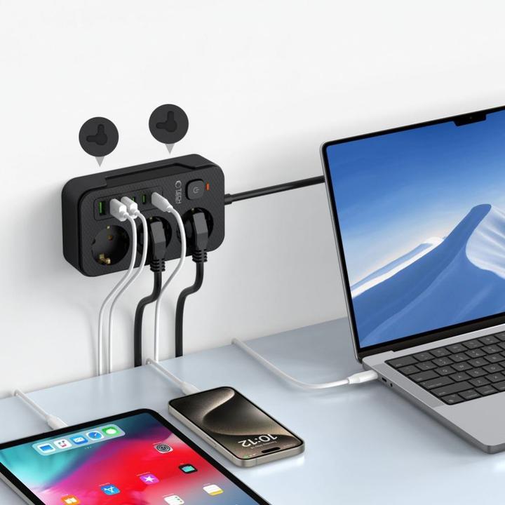 Produktbild Tech-Protect PC3X6 Power Strip 3 Sockets 240V + 3xUSB-A + 3xUSB-C 200cm - Black (3 x, USB-C, USB-A, 2 m)