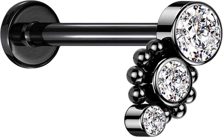 Image du produit Star Piercing Micro Labret Filetage interne noir huit boules trois cristaux argentés (sans laiton, Acier chirurgical 316L)