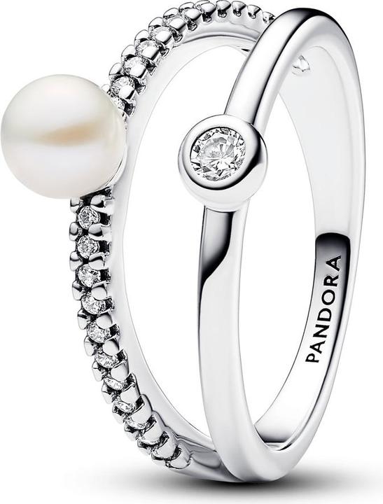 Image du produit Pandora Perle de culture d'eau douce traitée & bague pavée double bande (58, Argent 925)