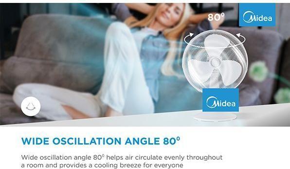Actual product image Midea Table fan,,, 3 speeds, mechanical, noise level:, Oscillation 80°, Tilting +24° -12° (60 dB)