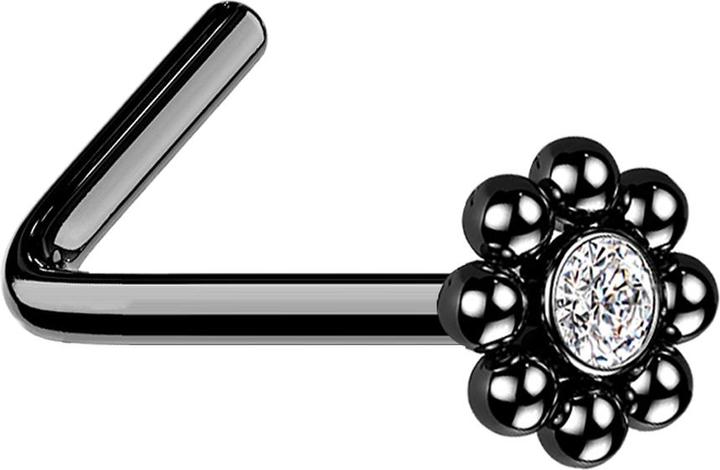 Produktbild Star Piercing Nasenstecker gewinkelt schwarz Blume mit Kugeln und Kristall (ohne Messing, Chirurgenstahl 316L)