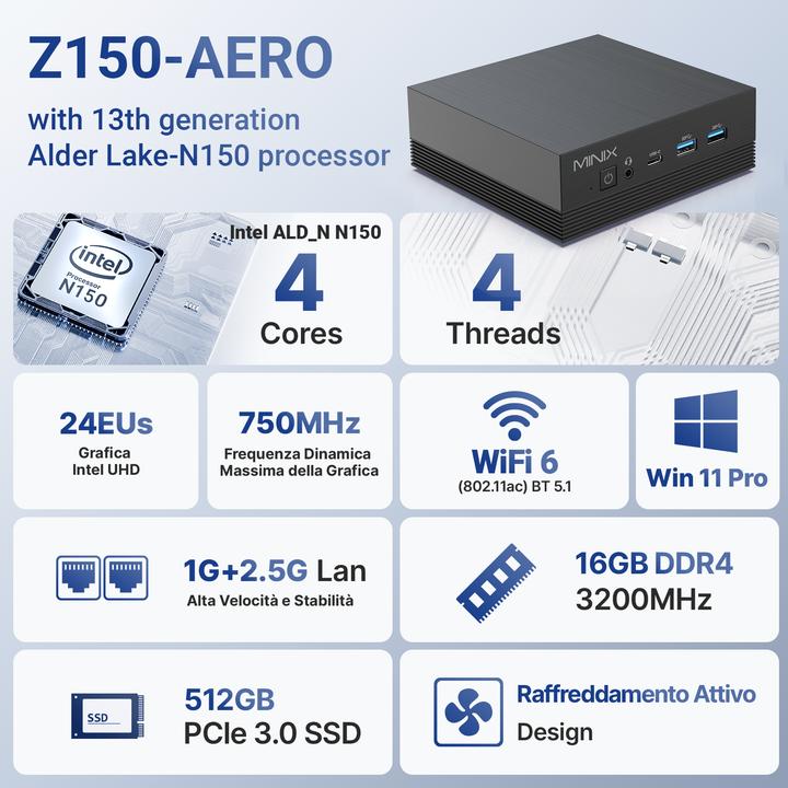 Immagine prodotto Minix NEO Z150-Aero 512 GB (Intel N150, 16.38 GB, 64 GB)