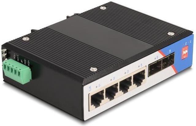 Image du produit Delock Switch industriel Gigabit Ethernet 4 ports RJ45 2 ports SFP pour rail DIN (6 Ports)