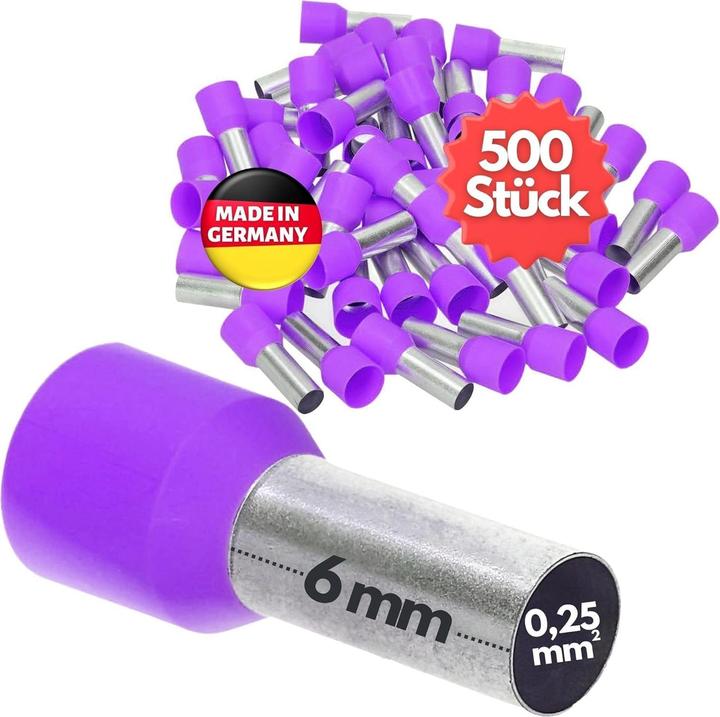 Produktbild Kalitec 500 Stück AE02506VI Aderendhülsen isoliert 0,25mm² 6mm lang violett I Made in Germany I Indu