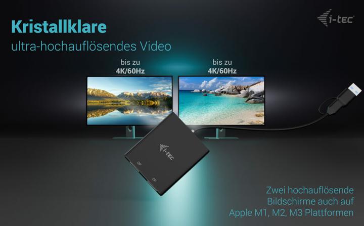 Actual product image i-tec USB-A/USB-C Dual 4K DP Video Adapter 2x 4K DP Display Adapter with DisplayLink Chip 6950 (DP, 27 cm)