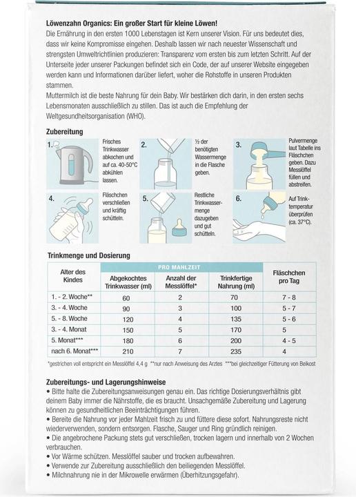 Valori nutrizionali e ingredienti Löwenzahn Organics Latte iniziale Pre organico (500 g, dalla nascita)