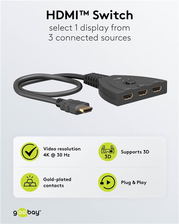 Image du produit Goobay Boîtier de commutation HDMI 3 vers 1 4K @ 30 Hz