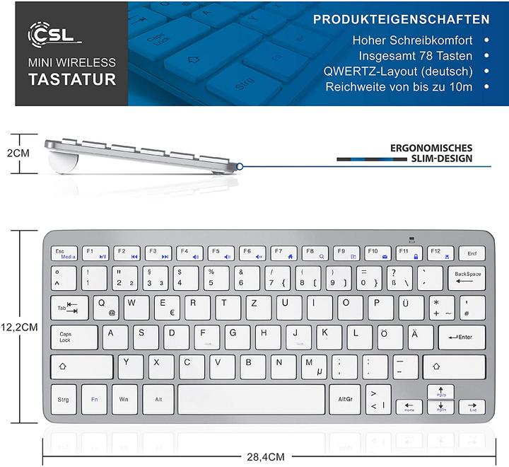 Actual product image CSL Wireless keyboard, 2.4Ghz Slim Design Mini Keyboard, space-saving, ergonomic, wireless, silver (DE, Wireless)