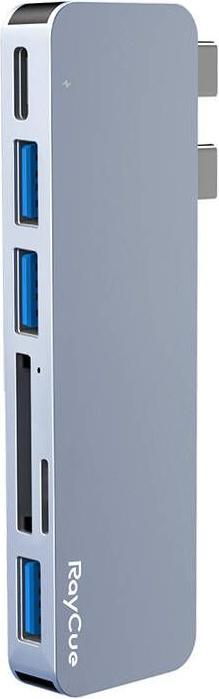 Produktbild RayCue Hub 6w2 2x USB-C do Thunderbolt 3 3x USB-A 3.0 5Gbps SD/TF 2.0 (szary) (USB-C, 6 Ports)