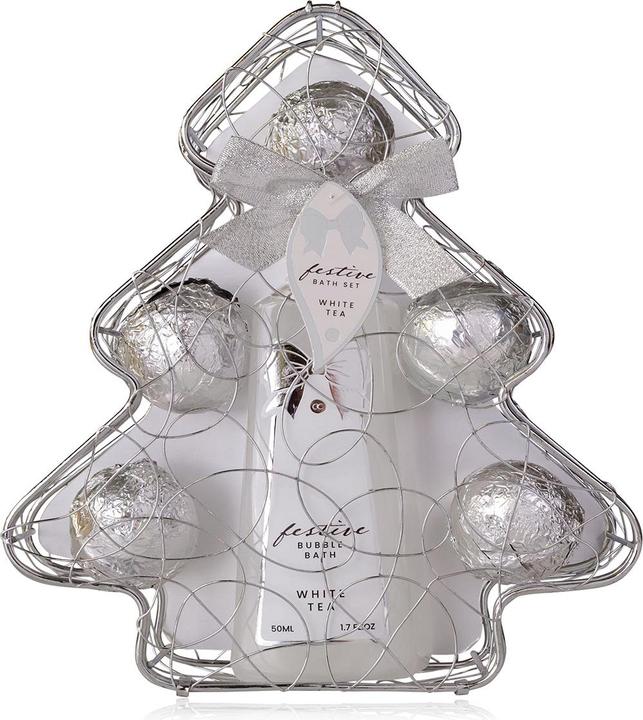 Image du produit Accentra Set de bain FESTIVE dans une corbeille métallique en forme d'arbre, comprenant un bain moussant de (Set soin capillaire)