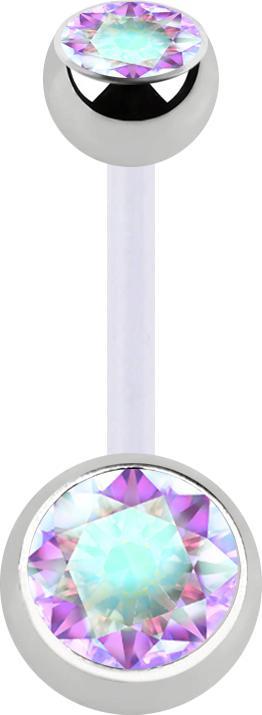 Star Piercing Banane transparent mit zwei Kugeln silber Kristall multicolor (ohne Messing, Chirurgenstahl 316L, Bioflex)