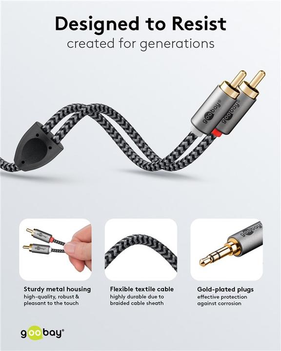 Produktbild Goobay Audio Adapterkabel AUX, 3,5-mm-Klinke zu Stereo-Cinch-Stecker, 1 m, Sharkskin Grey (1 m, Cinch)