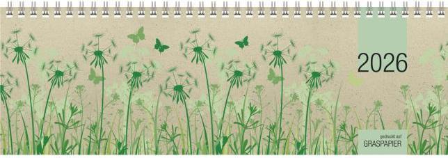 Actual product image Tischquerkalender Graspapier 2026 - 32x10,5 cm - 1 Woche auf 2 Seiten - nachhaltiger Bürokalender - (German, Italian, French, English)