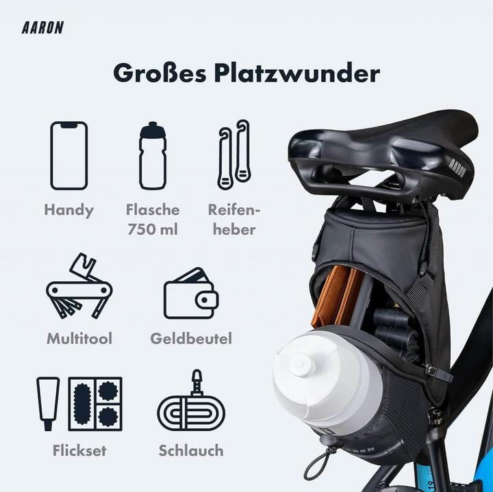 Produktbild Aaron Fahrrad Satteltasche mit Flaschenhalter, Wasserabweisende Fahrradtasche mit Reflektor (10 l, Satteltasche)